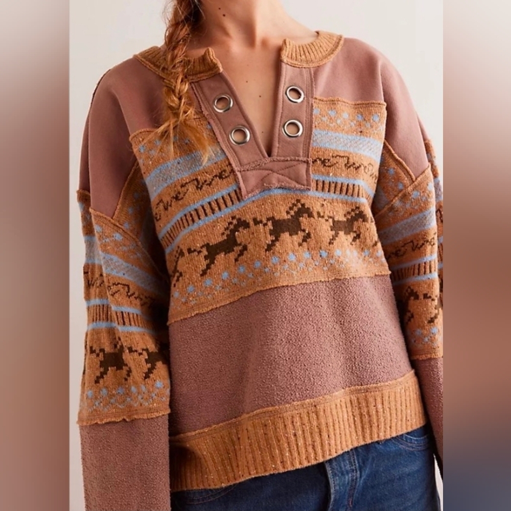 Free People Running Wild Equestrian Western Horse Sweater Women's XL NWT